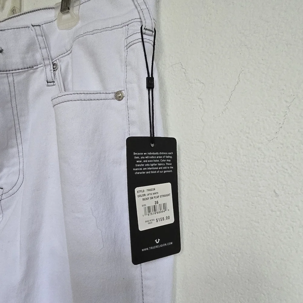 NWT True Religion White Ricky Flap Straight Leg Jeans Size 36